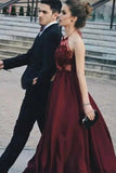 A-line Sexy Halter Sleeveless Dark Red Illusion Bodice Long Prom Dress with Lace KPP0439