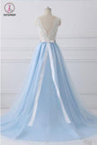 A Line V-neck Lace Appliques Bodice Long Prom Dresses,Elegant Prom Dress with Beads KPP0495