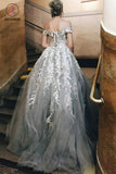 Dark Gray Long Tulle Prom Dress with Appliques, A Line Off-the-shoulder Formal Dress KPP0516