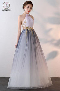 A-line Halter Tulle Prom Dresses With Applique, Ombre Sexy Backless Formal Dresses KPP0527