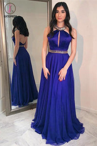 Royal Blue Floor Length Jewel Long Prom Dress with Beads, Sexy Backless Evening Dress KPP0539