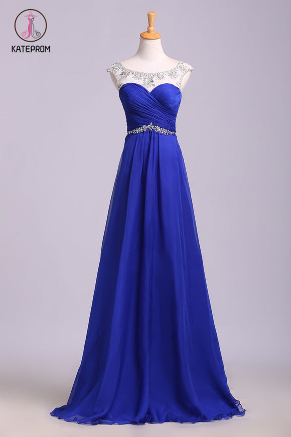 Royal Blue Floor Length Chiffon Prom Dress with Rhinestone Belt, Evening Dress with Pleats KPP0574