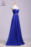 Royal Blue Floor Length Chiffon Prom Dress with Rhinestone Belt, Evening Dress with Pleats KPP0574