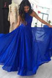 Simple A Line Prom Gown, Halter Royal Blue Chiffon Evening Dress with Keyhole KPP0601