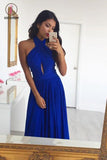 Simple A Line Prom Gown, Halter Royal Blue Chiffon Evening Dress with Keyhole KPP0601