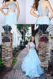 Two Pieces Blue Lace Round Neck Sleeveless A-line For Teens Prom Gown Dresses KPP0608