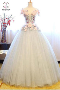 Ball Gown Sheer Neck Tulle Party Dress with Flowers, Floor Length Long Prom Dress KPP0630