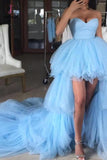 Blue Sweetheart Tulle High Low Prom Dresses with Long Train, Unique Strapless Party Dress KPP0655