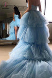 Blue Sweetheart Tulle High Low Prom Dresses with Long Train, Unique Strapless Party Dress KPP0655