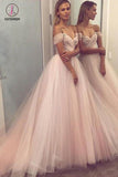 A Line Off the Shoulder Tulle Prom Dress with Sparkly Beads, Cheap Party Dress Long KPP0657