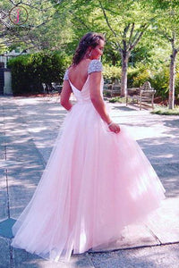 Pink Prom Dresses with Cap Sleeves, A Line Long Prom Dresses with Rhinestones KPP0660