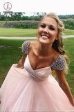 Pink Prom Dresses with Cap Sleeves, A Line Long Prom Dresses with Rhinestones KPP0660