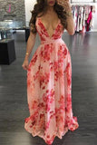 Floral Print Pleated Backless Slip Prom Dress, Sexy V Neck Party Dress KPP0665