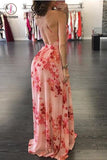 Floral Print Pleated Backless Slip Prom Dress, Sexy V Neck Party Dress KPP0665