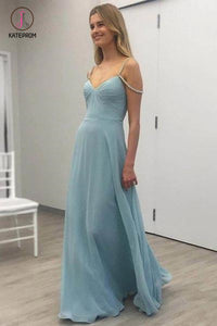 A-line V-neck Floor-length Chiffon Prom Dresses with Beading, Straps Evening Dresses KPP0666