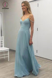 A-line V-neck Floor-length Chiffon Prom Dresses with Beading, Straps Evening Dresses KPP0666