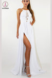 Elegant Sleeveless White Prom Dress for Teens, Sexy Split Chiffon Long Evening Dresses KPP0671