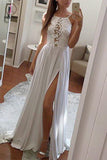 Elegant Sleeveless White Prom Dress for Teens, Sexy Split Chiffon Long Evening Dresses KPP0671