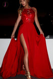 Red Backless Prom Dresses with Side Slit, Long Party Dress with Lace KPP0674