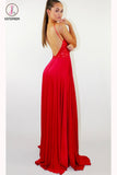 Red Backless Prom Dresses with Side Slit, Long Party Dress with Lace KPP0674