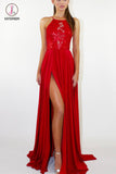 Red Backless Prom Dresses with Side Slit, Long Party Dress with Lace KPP0674