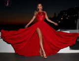 Red Backless Prom Dresses with Side Slit, Long Party Dress with Lace KPP0674