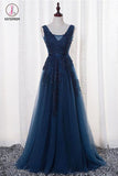 A Line V Neck Sleeveless Appliques Prom Dress with Beads, Floor Length Tulle Evening Dress KPP0675