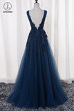 A Line V Neck Sleeveless Appliques Prom Dress with Beads, Floor Length Tulle Evening Dress KPP0675