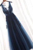 A Line V Neck Sleeveless Appliques Prom Dress with Beads, Floor Length Tulle Evening Dress KPP0675