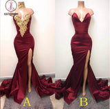 Burgundy V Neck Sleeveless Mermaid Prom Dress with Gold Appliques, Long Evening Dress KPP0676