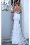 White Spaghetti Strap V Neck Mermaid Prom Dress, Sexy Backless Lace Prom Dress KPP0677