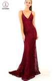 Full Lace V Neck Mermaid Prom Dress, Spaghetti Strap Backless Evening Dresses KPP0679