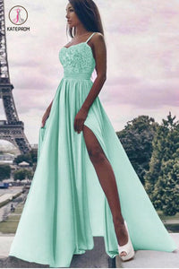 Mint Green Spaghetti Straps Prom Dress Long, Long Split Evening Dress with Lace KPP0680