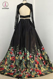 Two Piece Black Long Sleeve Formal Dress with Appliques, Long Prom Dress with Lace KPP0681