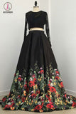 Two Piece Black Long Sleeve Formal Dress with Appliques, Long Prom Dress with Lace KPP0681