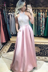 A Line Halter Backless Pink Long Prom Dresses with Pockets, Long Formal Dresses KPP0683