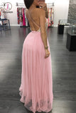 Spaghetti Strap V Neck Tulle Prom Dress with Sequins, Floor Length Backless Party Dress KPP0685