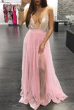 Spaghetti Strap V Neck Tulle Prom Dress with Sequins, Floor Length Backless Party Dress KPP0685