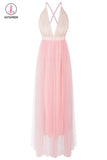 Spaghetti Strap V Neck Tulle Prom Dress with Sequins, Floor Length Backless Party Dress KPP0685