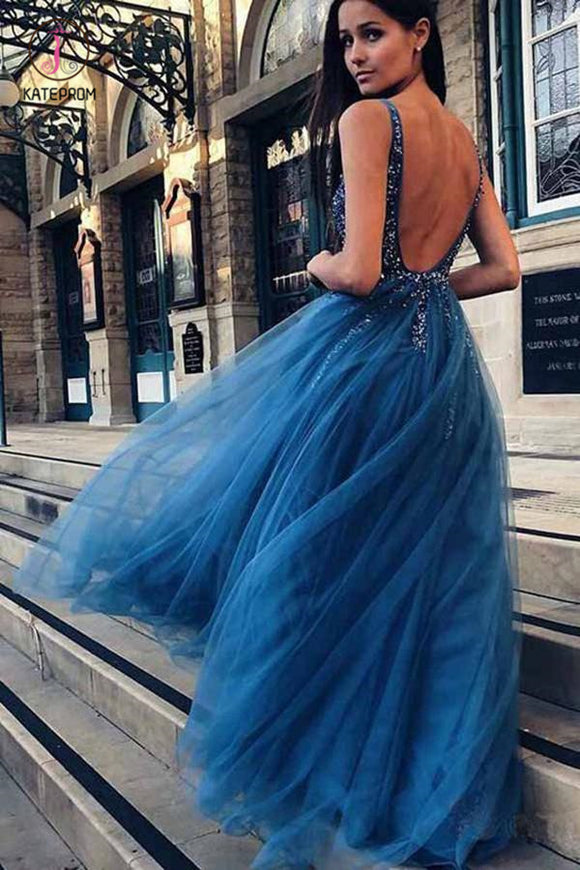 A-Line V-Neck Tulle Backless Prom Dress with Sequins Beading, Blue V Neck Evening Dress KPP0687