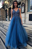 A-Line V-Neck Tulle Backless Prom Dress with Sequins Beading, Blue V Neck Evening Dress KPP0687