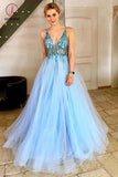 A-Line V-Neck Tulle Prom Dress with Sequins, Light Sky Blue Sparkly Party Dresses KPP0689