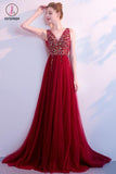 Burgundy V Neck Tulle Prom Dress with Sequins and Rhinestone, Sparkly Evening Dress KPP0694