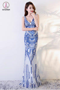 Royal Blue Mermaid Prom Dresses, V Neck Long Evening Dress with Sequins KPP0695