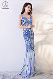 Royal Blue Mermaid Prom Dresses, V Neck Long Evening Dress with Sequins KPP0695