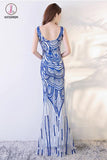 Royal Blue Mermaid Prom Dresses, V Neck Long Evening Dress with Sequins KPP0695