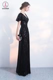 Black Sparkly Sequined Evening Dresses with Short Sleeves, Long Prom Dress with Pleats KPP0696