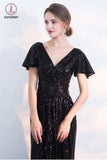 Black Sparkly Sequined Evening Dresses with Short Sleeves, Long Prom Dress with Pleats KPP0696