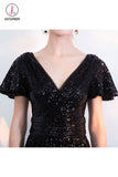 Black Sparkly Sequined Evening Dresses with Short Sleeves, Long Prom Dress with Pleats KPP0696