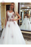 Puffy Strapless Tulle Prom Dress with Appliques, Floor Length A Line Party Dresses KPP0698